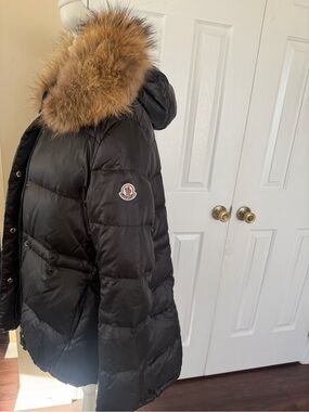 Moncler Black Down Puffer Jacket with Fur-Trim Hood